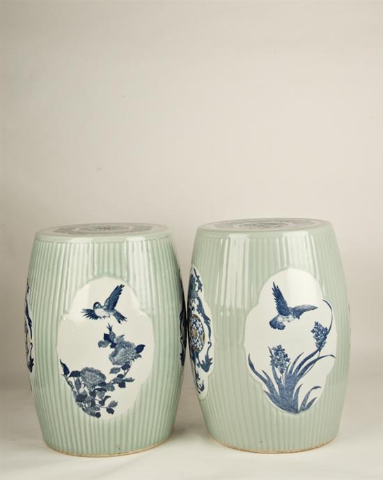 Appraisal: Pair E th C Chinese Celadon Garden Seats with blue