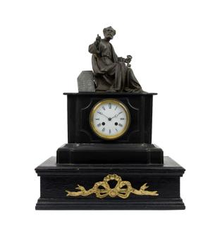 Appraisal: A FRENCH SLATE AND PATINATED METAL MANTEL CLOCK th century