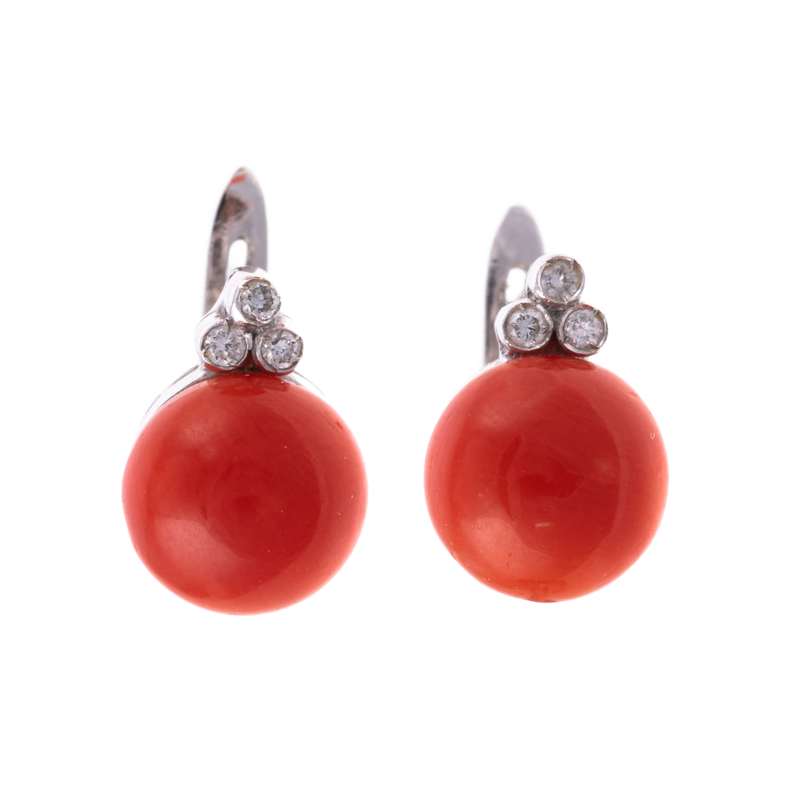 Appraisal: A PAIR OF CORAL DIAMOND EARRINGS IN K K white