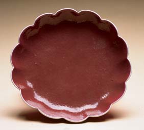 Appraisal: JIAJING RED GLAZED FOLIATE DISH Rare antique Chinese deep red