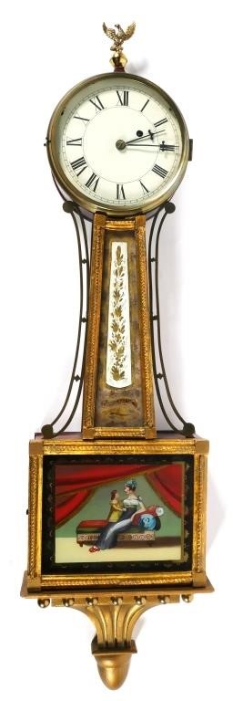 Appraisal: American banjo wall clock with eagle finial Throat glass marked