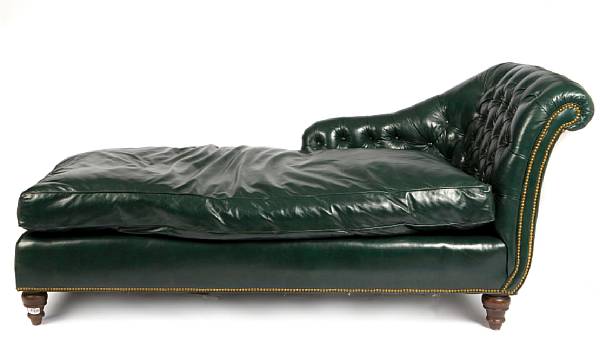 Appraisal: A suite of green leather upholstered furniture comprising two chaises