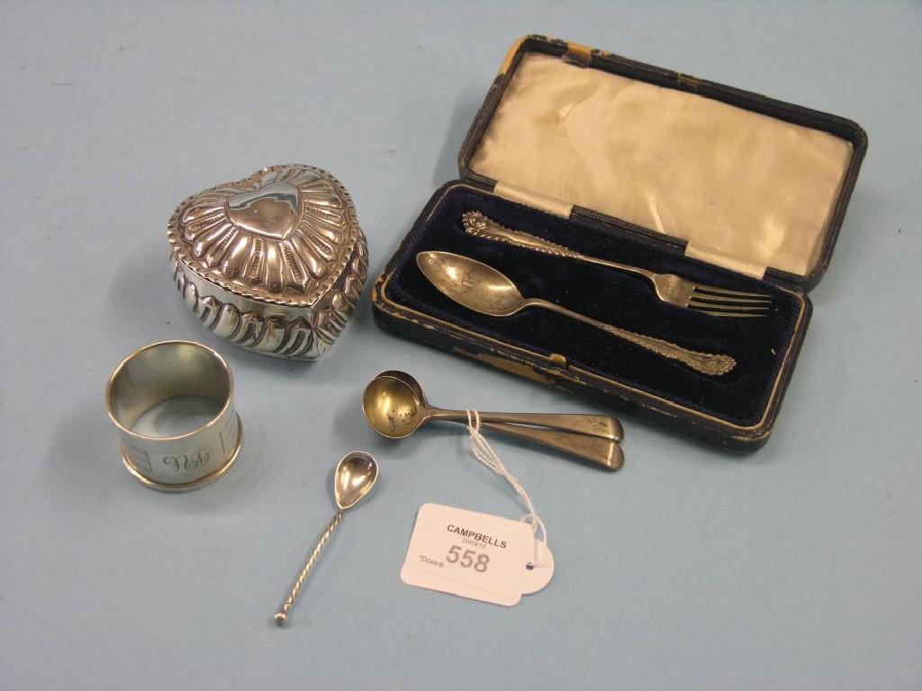 Appraisal: A silver christening pair teaspoon and fork Birmingham cased and