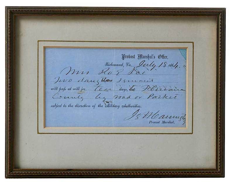 Appraisal: Richmond Travel Pass for Mrs Robert E Lee handwritten and