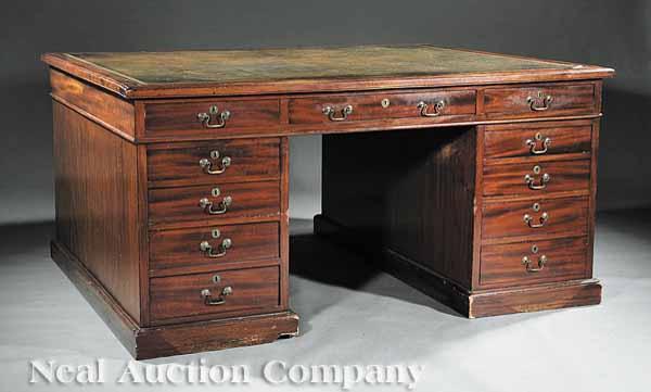 Appraisal: An Antique Georgian-Style Mahogany Partner's Desk th c inset tooled