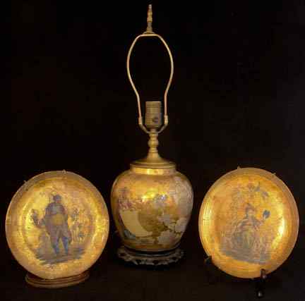 Appraisal: CHINOISERIE DECOUPAGE TABLE LAMP AND PLATES Of globular form with