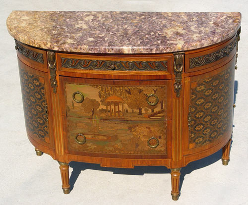 Appraisal: FRENCH MARQUETRY INLAID MARBLE TOP COMMODE Demi chest with scenic