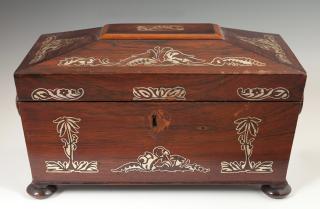 Appraisal: English Mother-of-Pearl Inlaid Rosewood Sarcophagus Form Tea Caddy c the