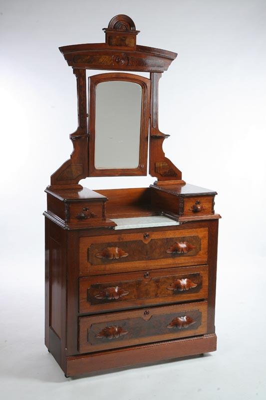 Appraisal: VICTORIAN CHEST WITH MIRROR Walnut with a carved crest burl