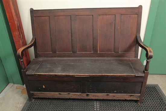 Appraisal: ENGLISH BENCH Pine with a dark stain lift seat paneled