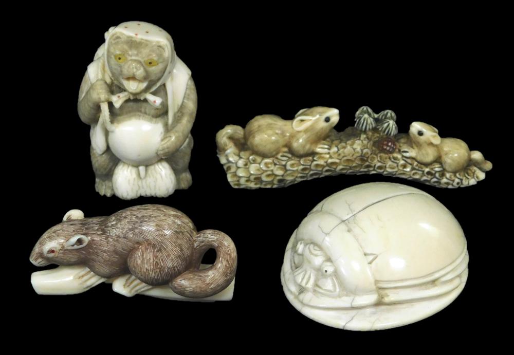 Appraisal: ASIAN Four carved ivory animal figures mostly Japanese late th