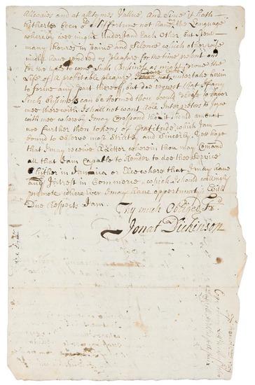 Appraisal: DICKINSON Jonathan Autograph letter signed to Port-Paix Haiti merchant John