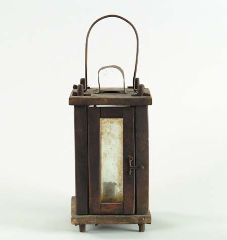 Appraisal: EARLY WOOD AND GLASS CANDLE LANTERN Rectangular design wood frame