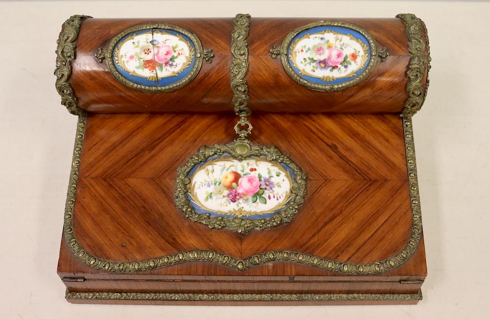 Appraisal: Antique Satinwood Lap Desk With Sevres Porcelain Decoration Froman Englewood