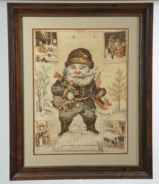 Appraisal: FRAMED SANTA CLAUS CLOTH BANNER Santa standing in the center