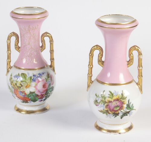 Appraisal: A pair of th century French twin handled vases each