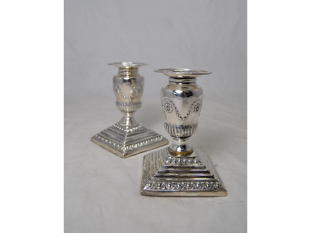 Appraisal: Pair of short filled silver Empire style candle sticks with