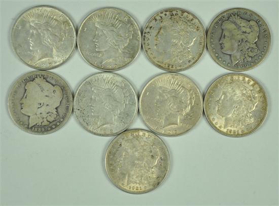 Appraisal: Nine Silver Dollars Five Morgan Dollars dates include -O -S