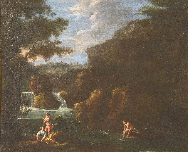 Appraisal: CIRCLE OF FRANCESCO ZUCCARELLI - A rocky landscape with figures