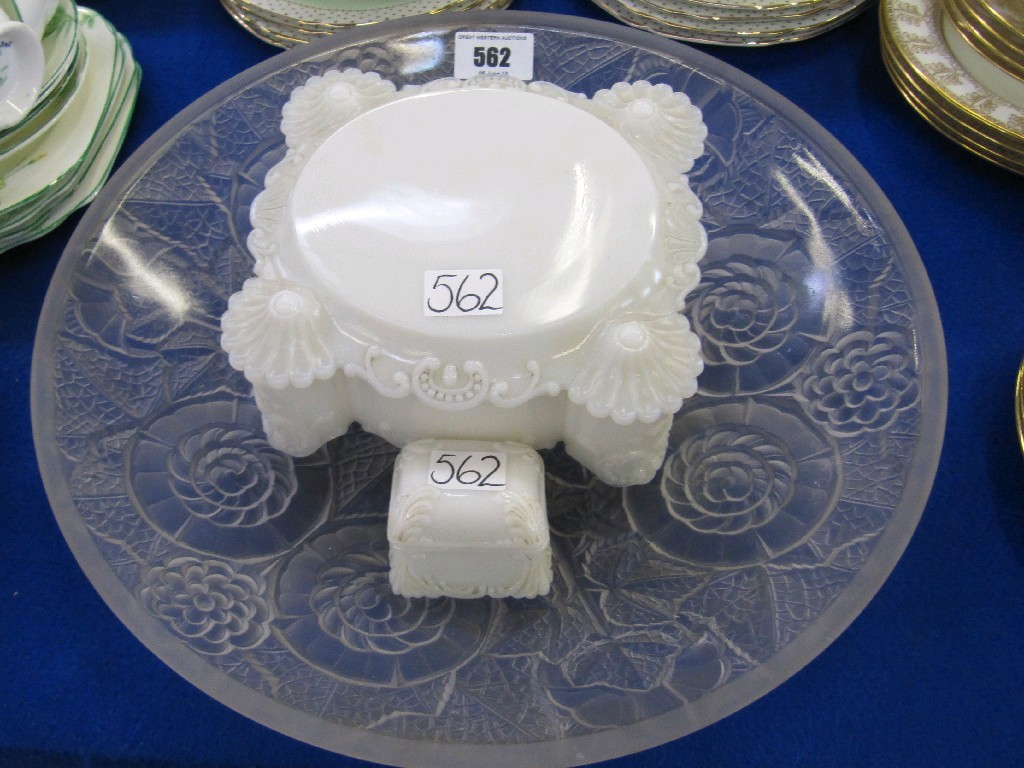 Appraisal: French floral decorated moulded glass bowl and two milk glass