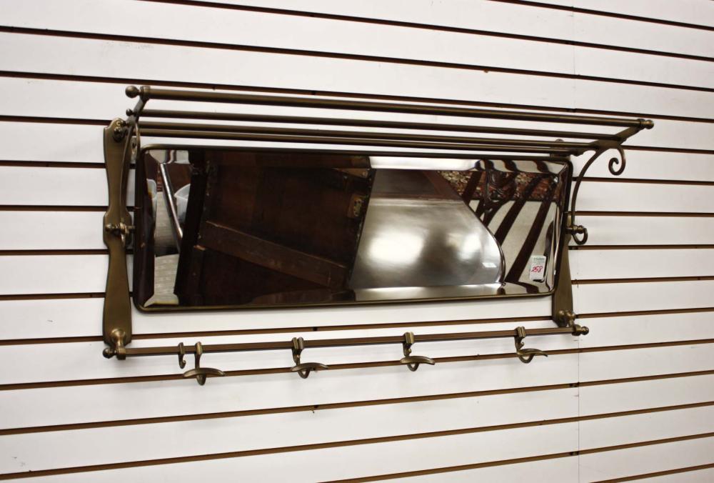 Appraisal: BRASSED-METAL WALL-MOUNT GARMENT RACK having a multi-bar top shelf over