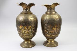 Appraisal: Antique Islamic Incised Brass Vases Antique Islamic Incised Brass Vases