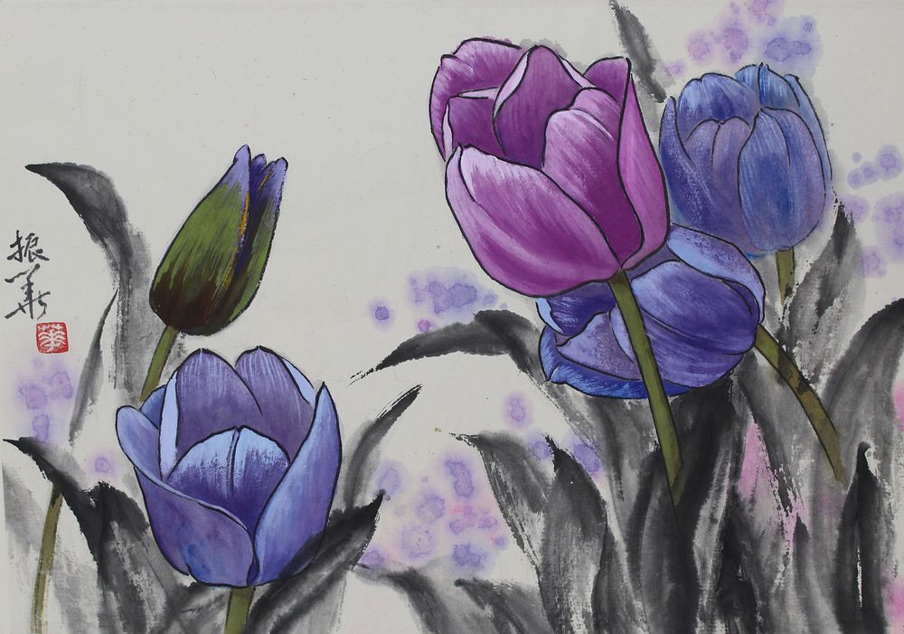 Appraisal: Zhenhua Wang Chinese th C Purple Tulips Zhenhua Wang Chinese