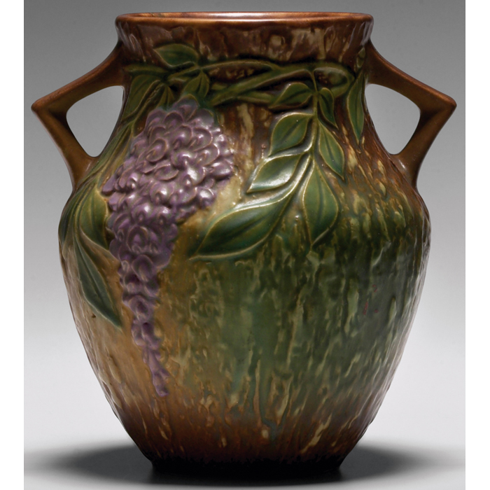 Appraisal: Roseville Wisteria vase double handled shape in brown original foil