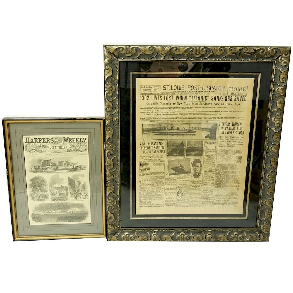 Appraisal: Two Framed Antique Titanic Newspaper Clippings Grouping of Two Framed