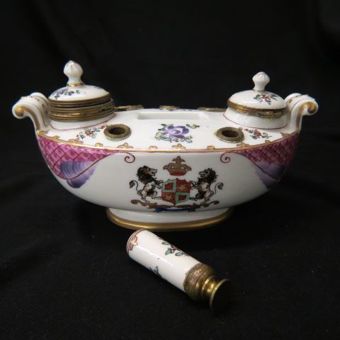 Appraisal: French Porcelain Inkwell amorial crest floral trim ormoulu mounts