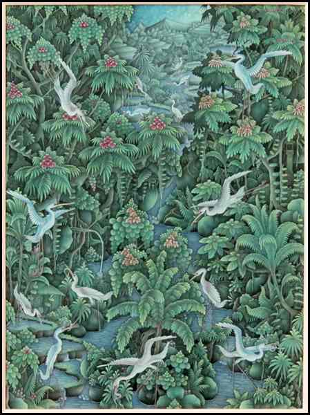 Appraisal: UBUD SCHOOL TH CENTURY BIRDS IN LANDSCAPE Oil on canvas