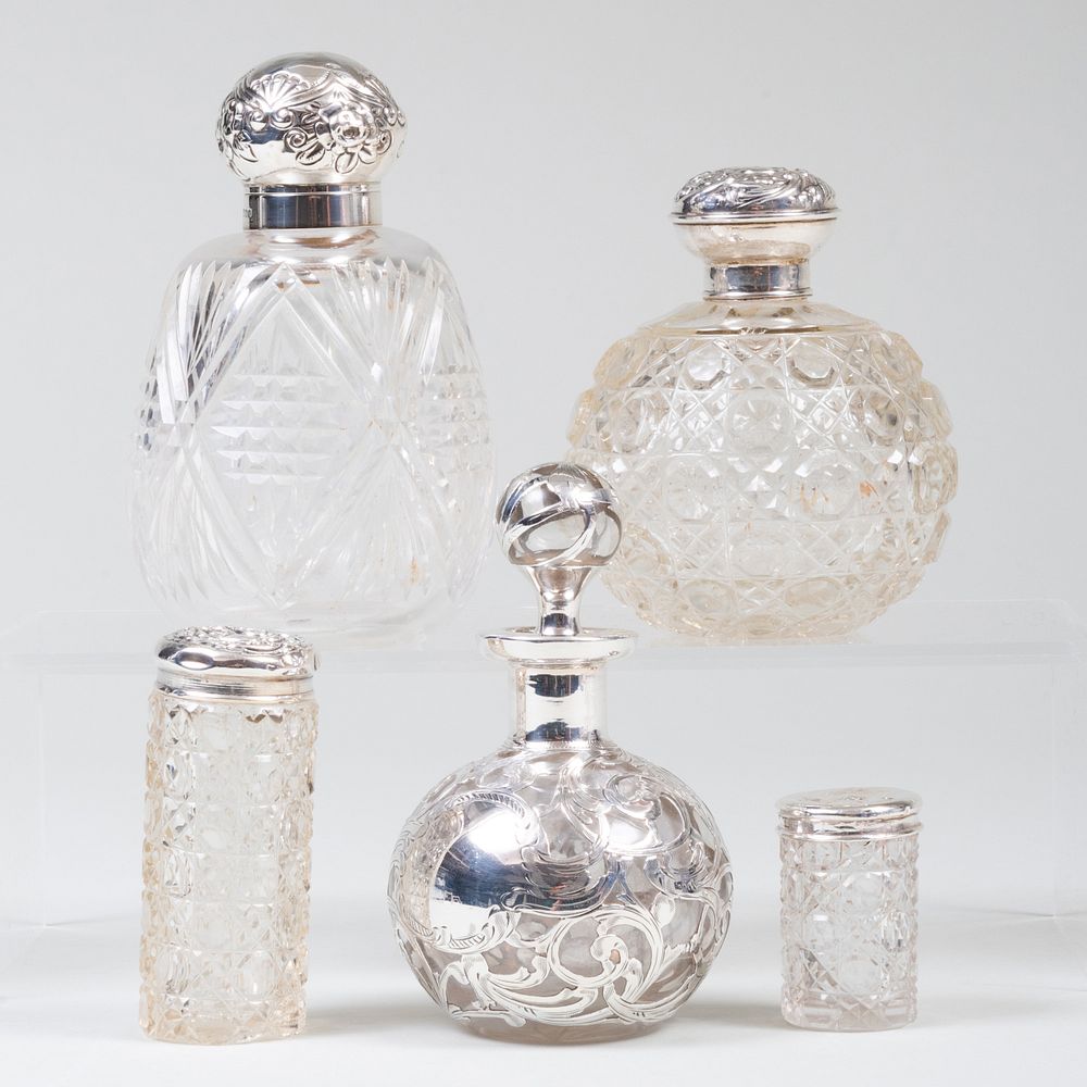 Appraisal: Group of Five Silver-Mounted Cut Glass Toilette Bottles Comprising An