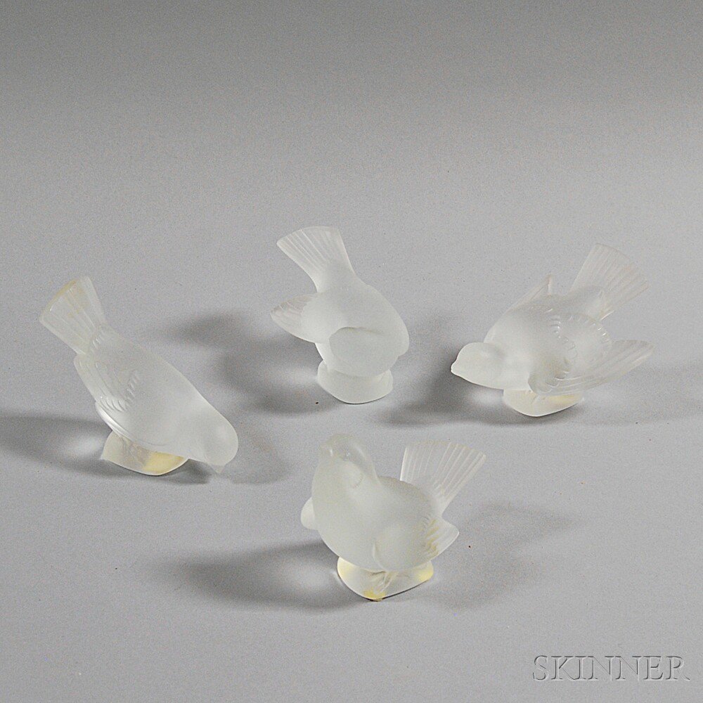 Appraisal: Four Lalique Frosted Glass Birds ht to in Estimate -