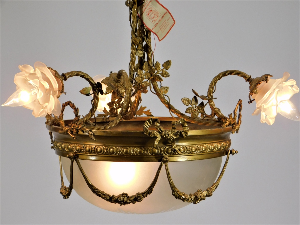 Appraisal: FRENCH BRONZE DORE FLORAL CHANDELIER France Circa Etched and wheel