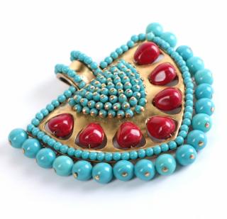 Appraisal: Faux Coral and Turquoise Pendant Brooch Impressive faux oxblood coral