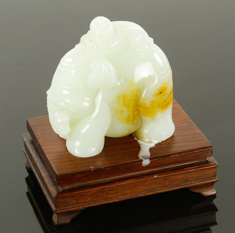 Appraisal: - Carved Jade Elephant Carved jade elephant on stand China