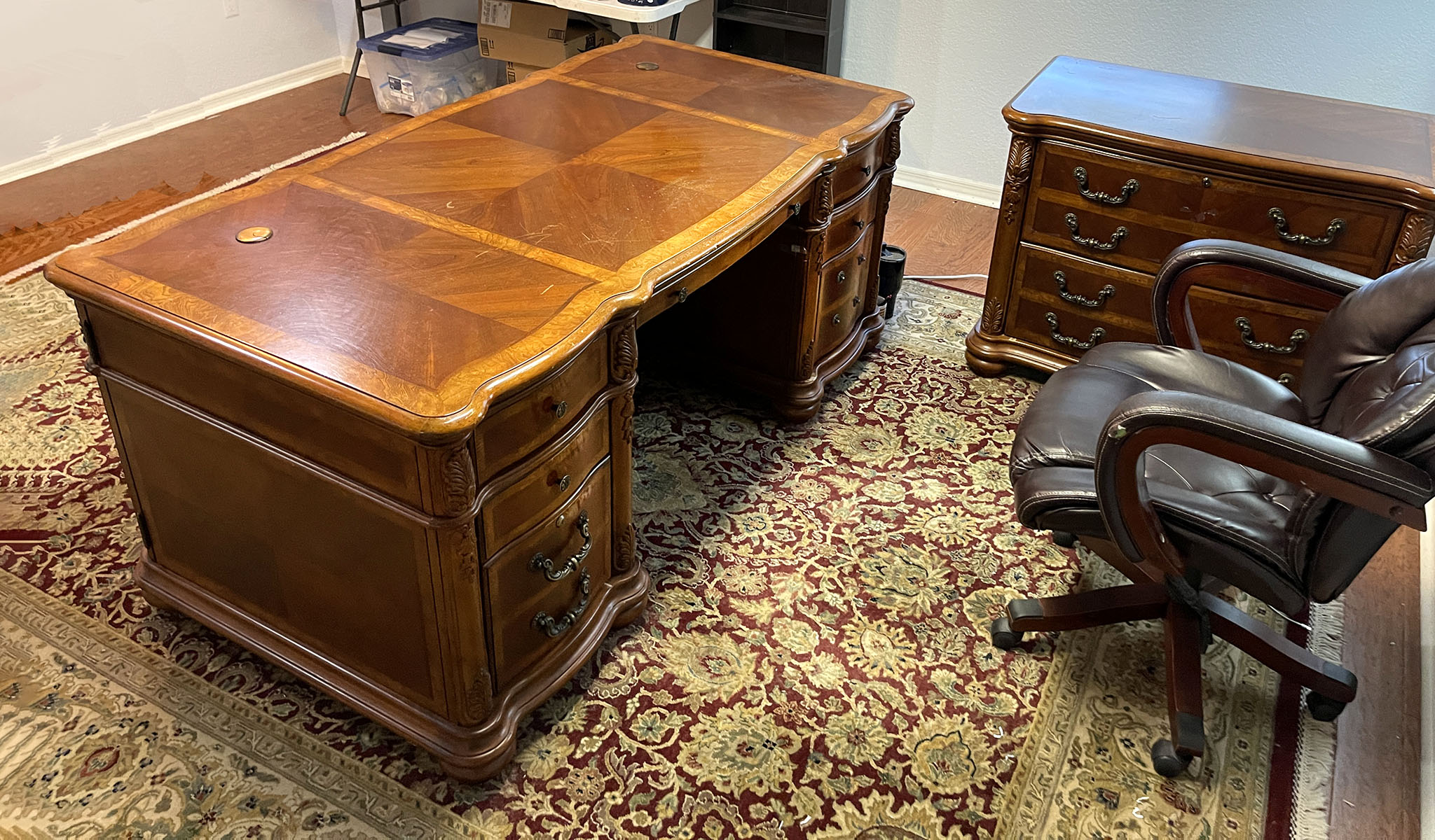 Appraisal: LARGE MAHOGANY EXECUTIVE DESK AND FILE CABINET From Haverty's Premium