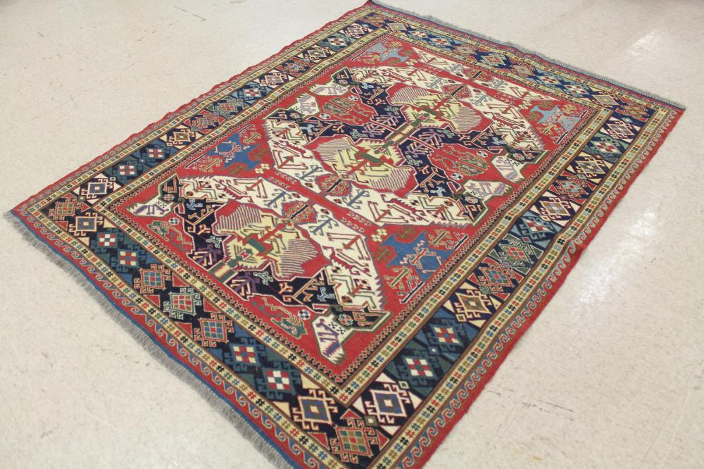 Appraisal: HAND WOVEN SOUMAK FLATWEAVE AREA RUG geometric and curvilinear design