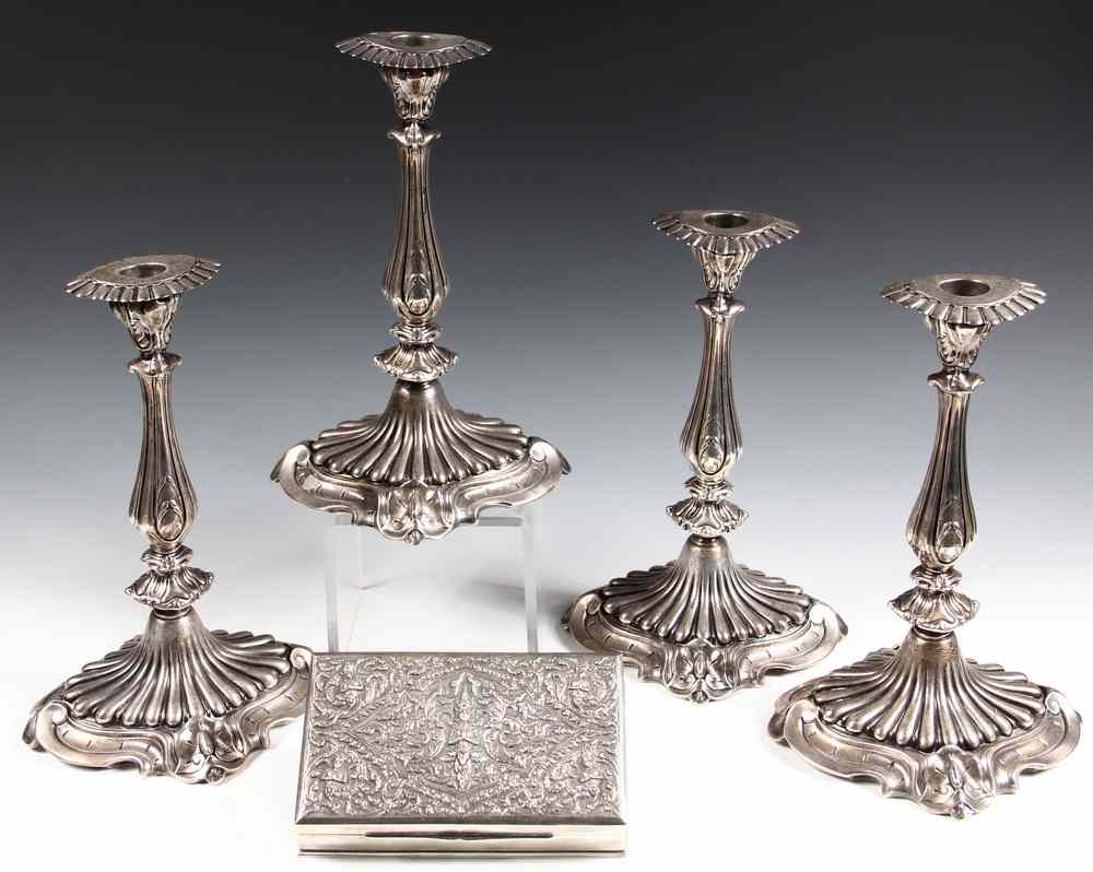 Appraisal: STERLING CANDLESTICKS THAI SILVER BOX - Set of Four Rogers