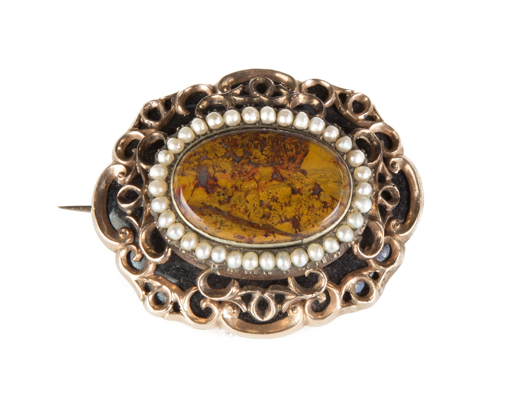 Appraisal: Vintage K Gold Agate and Natural Split Pearls Brooch Reverse