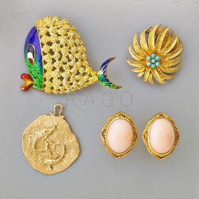 Appraisal: GOLD CORAL AND OTHER SEA LIFE MOTIF JEWELRY Oval angel