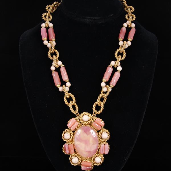 Appraisal: Miriam Haskell Pink Glass Beaded Medallion Necklace with Gold Tone