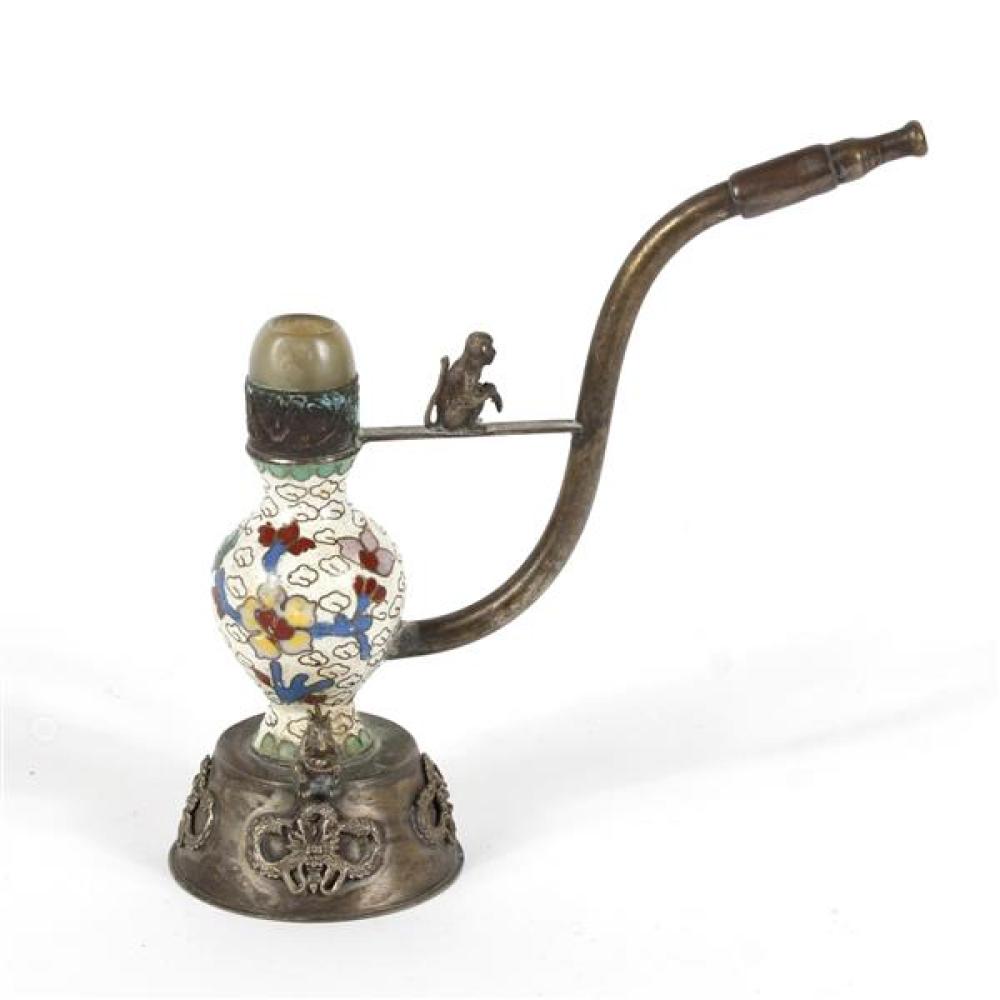 Appraisal: CHINESE BRONZE AND CLOISONNE OPIUM PIPE WITH JADE TOP AND