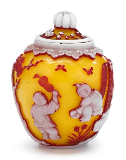 Appraisal: Chinese three color glass overlay covered jar qianlong mark th