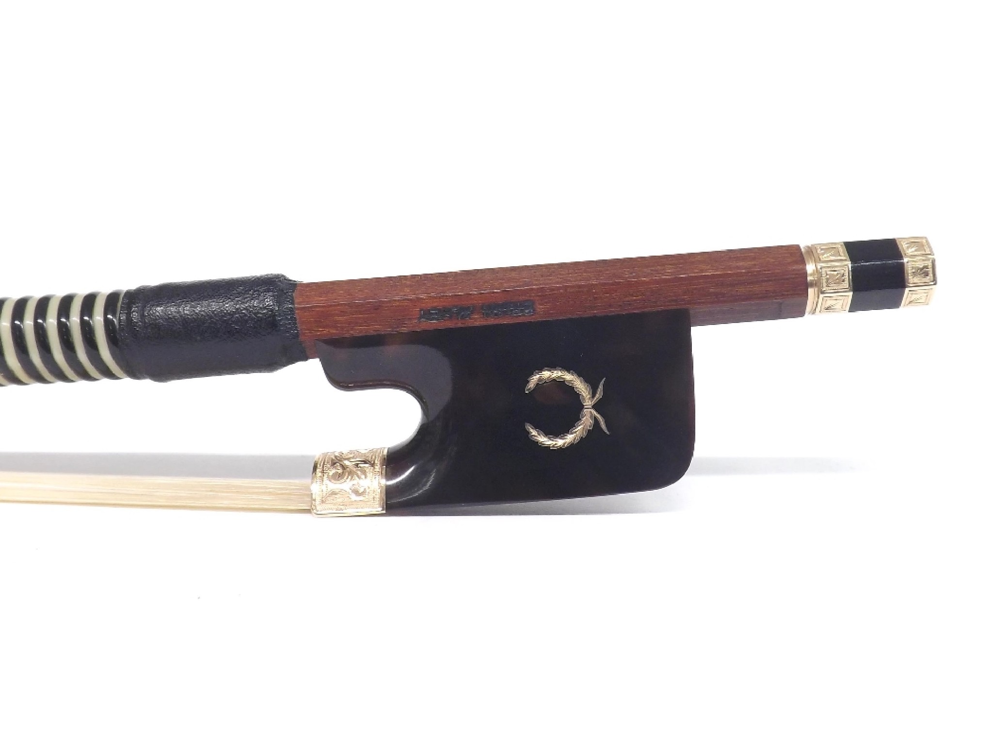 Appraisal: English gold and faux tortoiseshell mounted violoncello bow by and