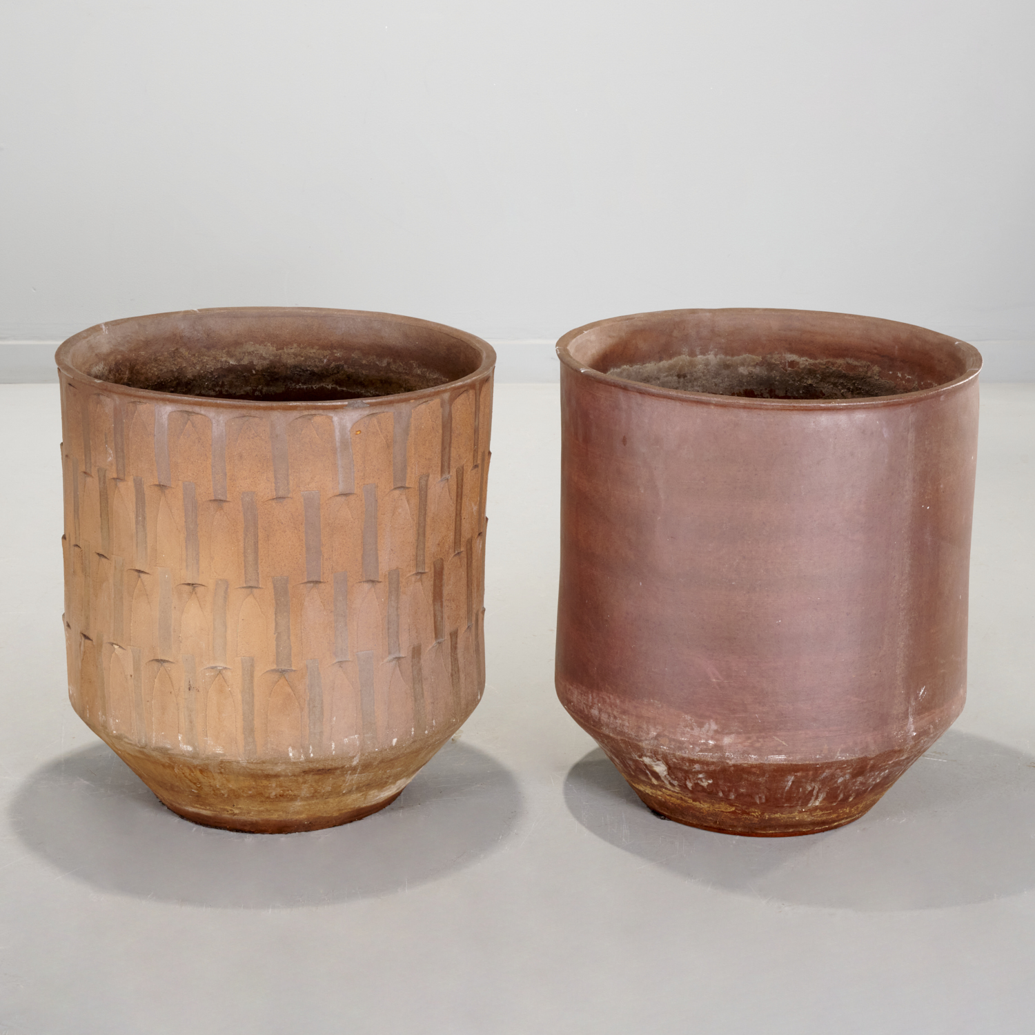 Appraisal: DAVID CRESSEY MASSIVE STONEWARE PLANTERS c USA unglazed earthenware cylindrical