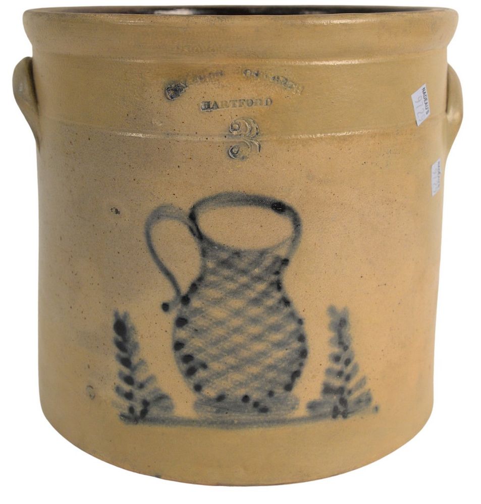 Appraisal: Hartford Stoneware Three Gallon Crock with blue mug on front