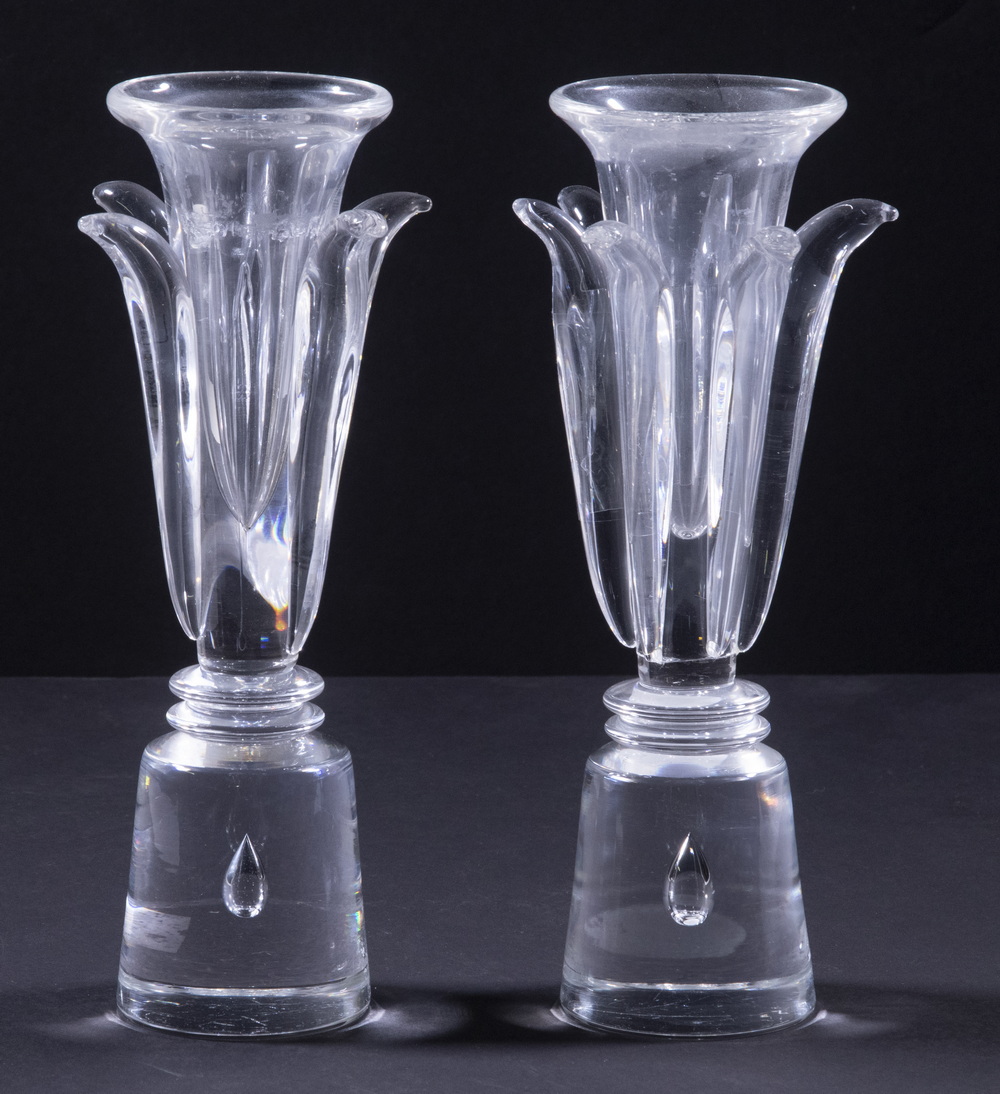 Appraisal: PR STEUBEN ART GLASS BUD VASES Pair of Clear Art