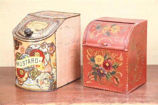 Appraisal: TWO SPICE TINS A paint decorated ''Mustard'' tin with lift