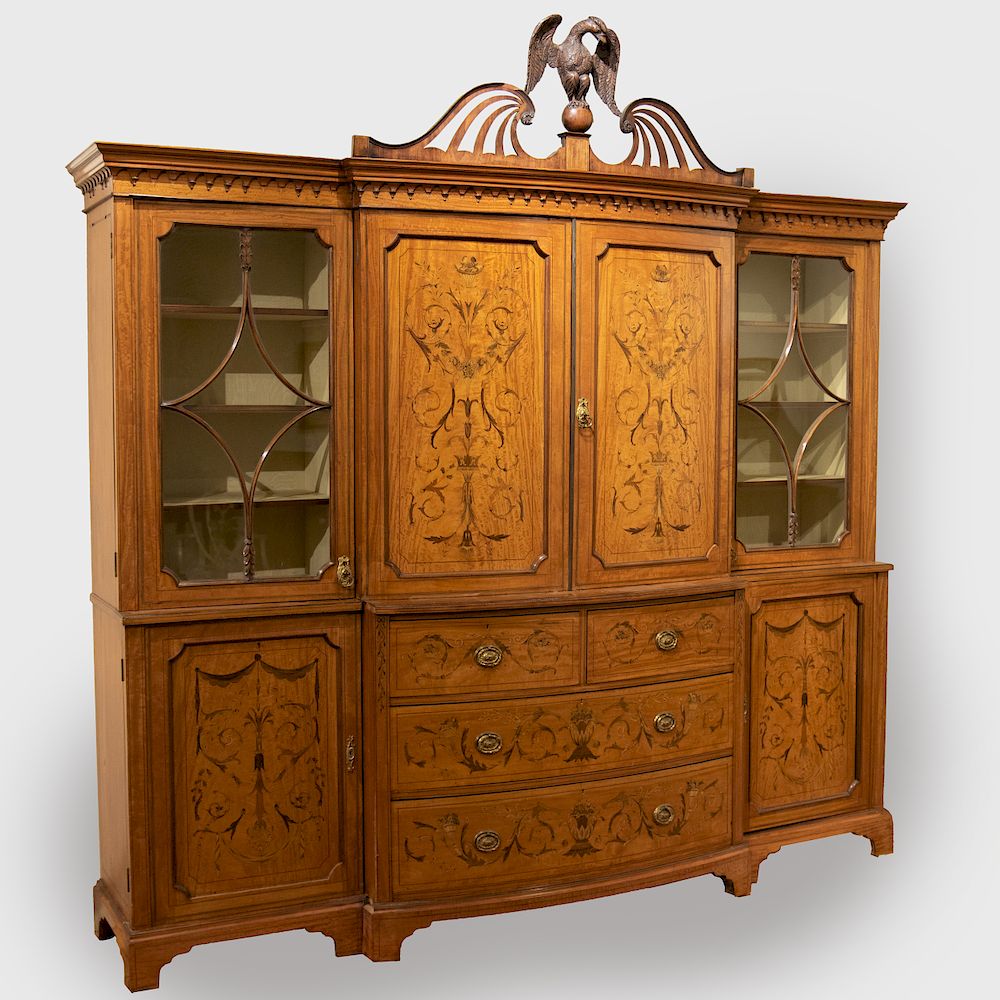 Appraisal: Edwardian Mahogany Fruitwood and Penwork Satinwood Marquetry Breakfront Bookcase The